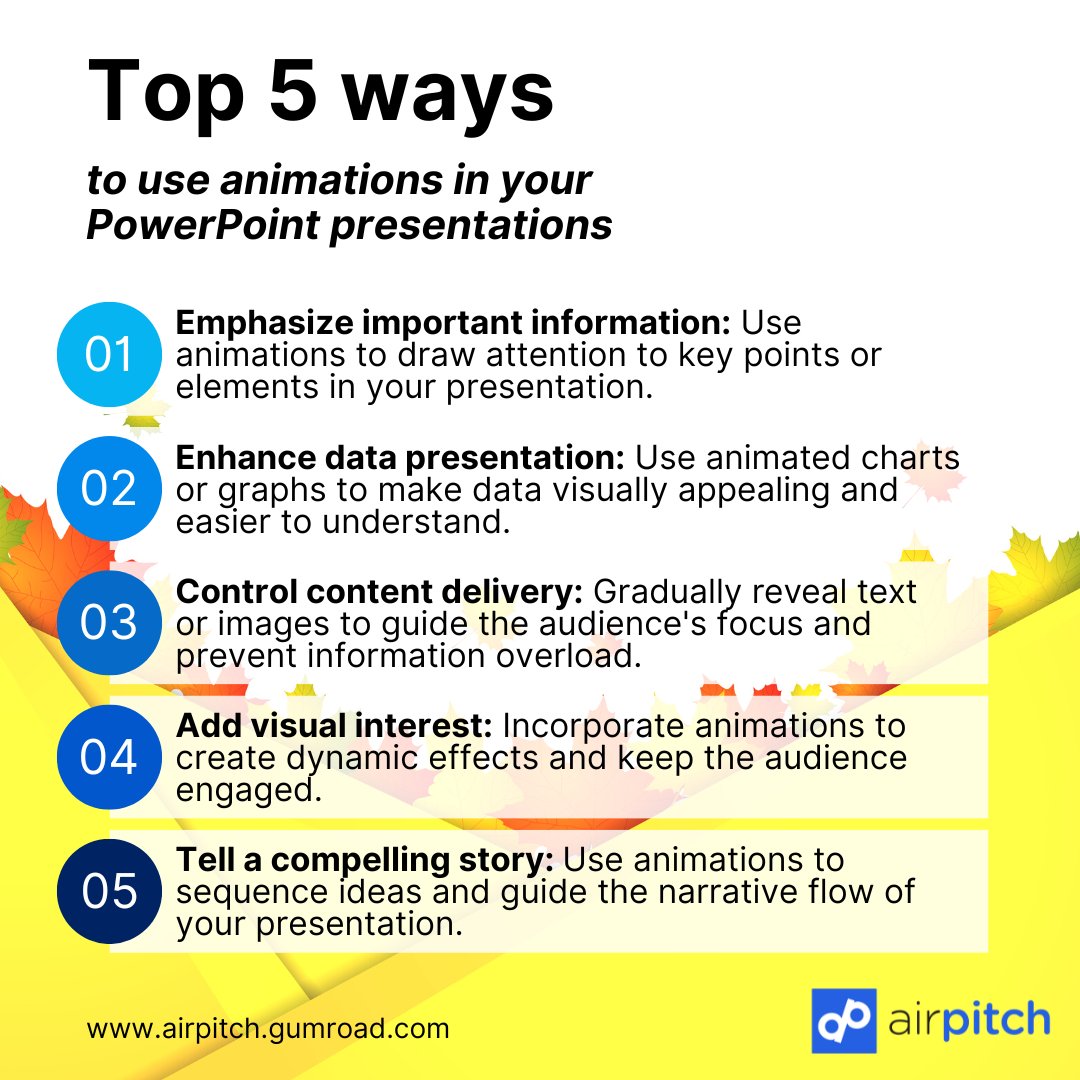 _airpitch's tweet photo. 🌟 Boost your presentations with animations! Here are the top 5 ways to captivate your audience and create impactful PowerPoint slides. 💥 #PowerPoint #Animations #startups #funding #funds #entrepreneurship #founder #growing #entrepreneurship #leadership #startup #smallbusiness https://t.co/HVqs07Krck