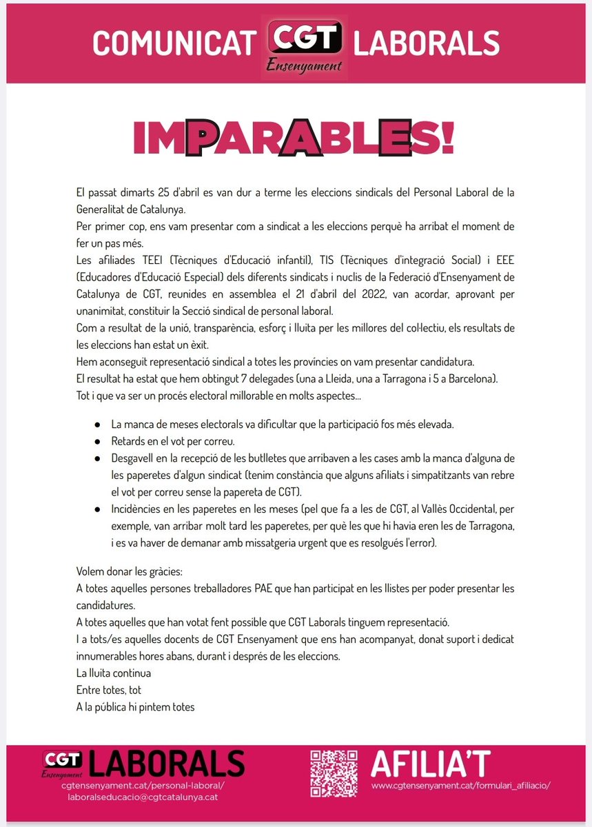 CgtLaborals's tweet photo. Valoració de les eleccions del personal laboral d'@educaciocat.
Gràcies al suport de l'afiliació i de totes les simpatitzants que han votat el canvi

Entre totes, tot‼️✊

@CgtLaborals  som força creixent.‼️

#Lalluitacontinua 
#ImParAblEs https://t.co/J1hulDrK5k