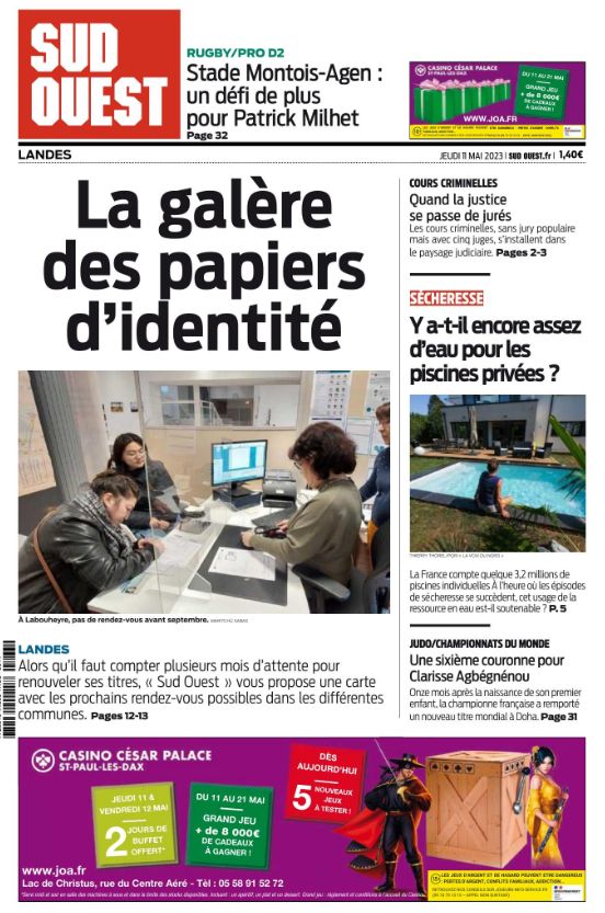 SO_Landes's tweet photo. 🗞️📰Voici la Une de notre édition des Landes de ce jeudi 11 mai 2023. Lisez « Sud Ouest » sur le Web, tablette et mobile
 ▶️Découvrez Sud Ouest Numérique à partir de 1 € par mois https://t.co/uMdRZUvjHa https://t.co/lMBHdEd6Cc
