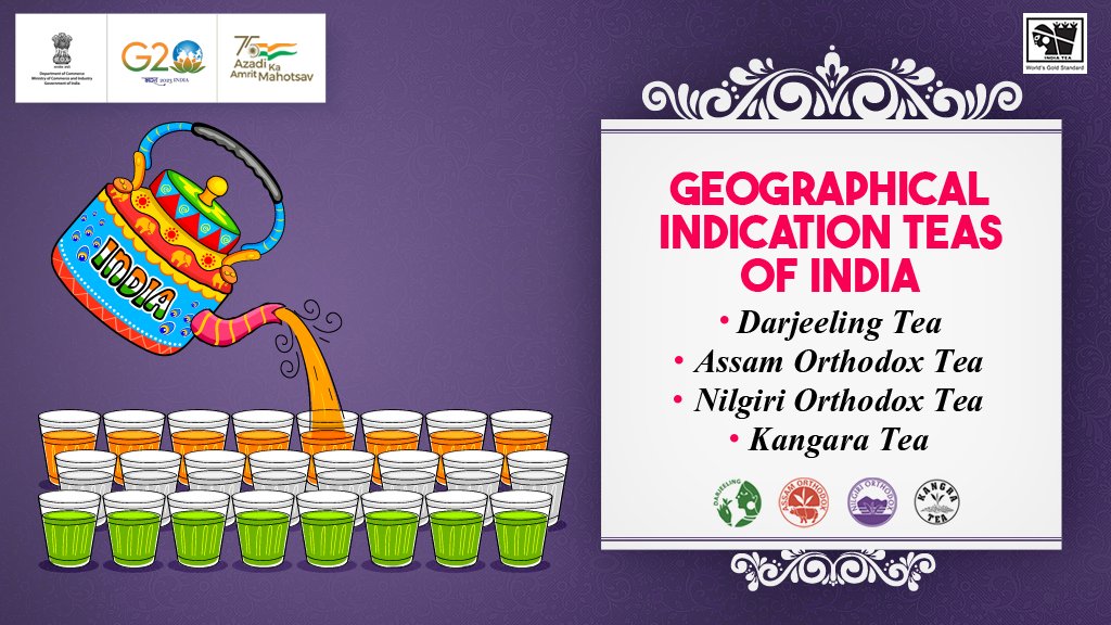 A #GeographicalIndication is a sign used on products that have a specific geographical origin and possess qualities or a reputation that are due to that origin. 

Darjeeling Tea, Assam Orthodox Tea, Nilgiri Orthodox Tea & Kangra Tea are registered as #GI. 

#IndiaTea
