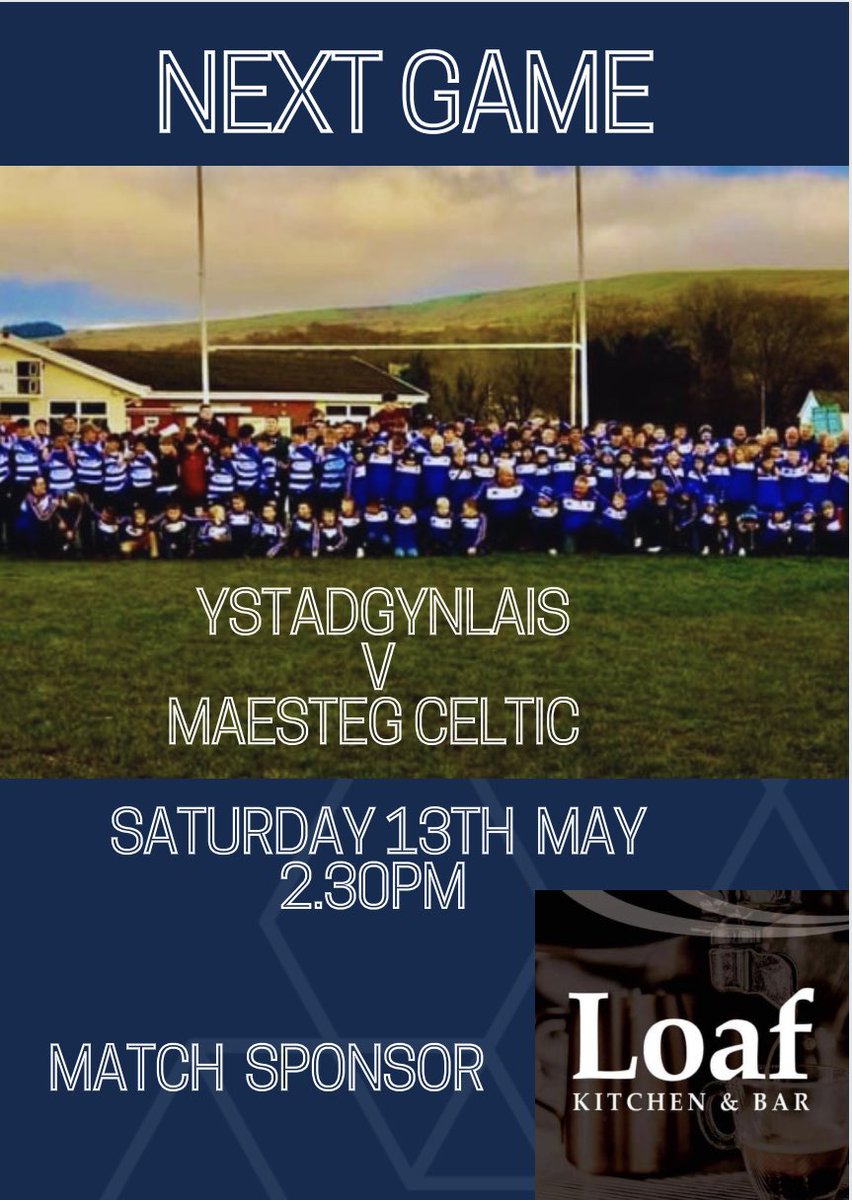 ystradbluesrfc's tweet photo. Our final league game of the season is this Saturday at the Rec.
We play Maesteg Celtic at 2.30pm. Its a huge game for the club and all support is welcome. Let’s fill the Rec again.
We are extremely grateful to the Loaf Kitchen Bar for sponsoring man of the match. https://t.co/LkpDPYYfqN