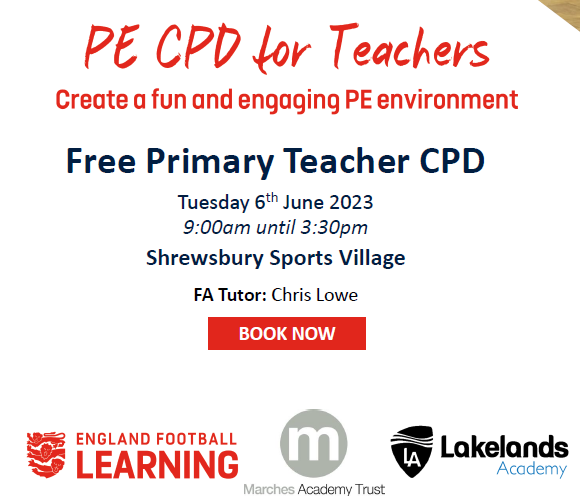 EnergizeSTW's tweet photo. Want to create a fun and engaging #PE environment? Free #PrimaryTeacher PE CPD session on Tues 6 June with @EnglandFootball at #ShrewsburySportsVillage. Details below to book your place! 
@MMATPrimaryPE @LonglandsSport #Shropshire #sports #activity #movement #PrimaryPE #teaching https://t.co/03BI9U6Bzs