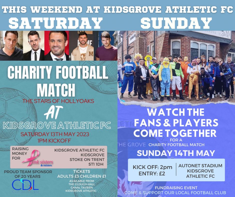 OfficialKAFC's tweet photo. 📢 this Weekends double header.
➡️ Saturday, the stars from Hollyoaks ⚽️
➡️ Sunday KAFC players &amp; fans combined ⚽️
💙 Both games are all for a great cause
🏟 Autonet Stadium
✅️ @officialkafc
✅️ @Hollyoaks
✅️ @PinkSisters__
#football #soccer https://t.co/3RH2no8iF4