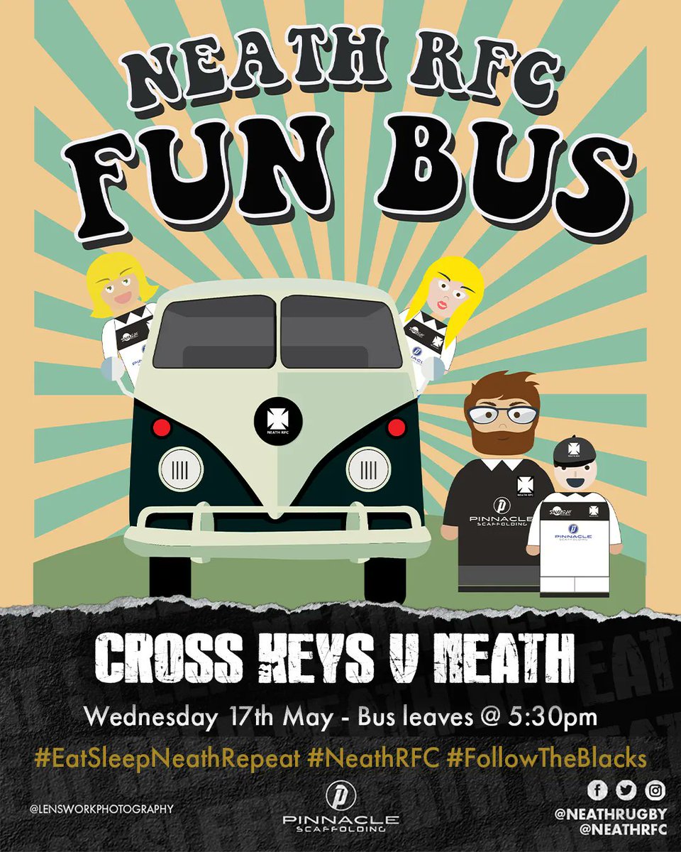 neathrfc's tweet photo. SUPPORTERS FUN BUS (CROSS KEYS v NEATH – WEDNESDAY 17th MAY 2023) ⚫️🏉
Bus leaves the Clubhouse at 5.30pm (7.15pm KO).
To book YOUR seat on the “FUN BUS” contact Robert Smith on 07890645195 or Gillian Lewis on 07807043978
#EatSleepNeathRepeat #NeathRFC #FollowTheBlacks https://t.co/JSHXyfb8jW