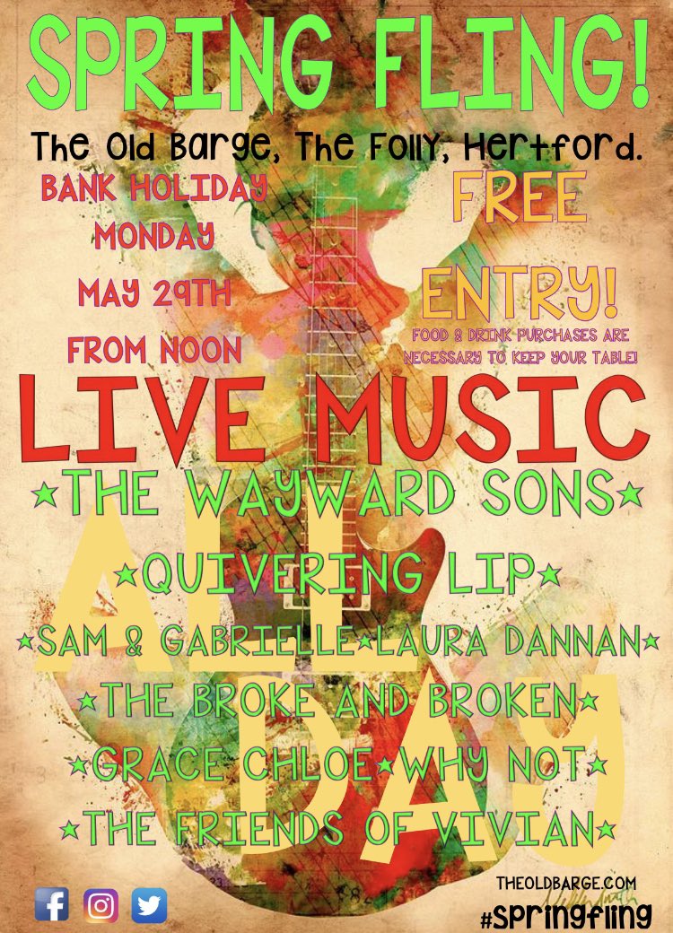 OldBargeDuchess's tweet photo. Not long to go now! Makes sure it’s in the diary!

@the_wayward_sons @quiveringlip9 @thebrokeandbroken @gabrielle_obrien_music @lauradannan @gracechloemusic 

#maybankholidayweekend #springfling #livemusic #localtalent #localartists #lovelocal #lovehertford #lovemusic https://t.co/SlBNMiCYzv
