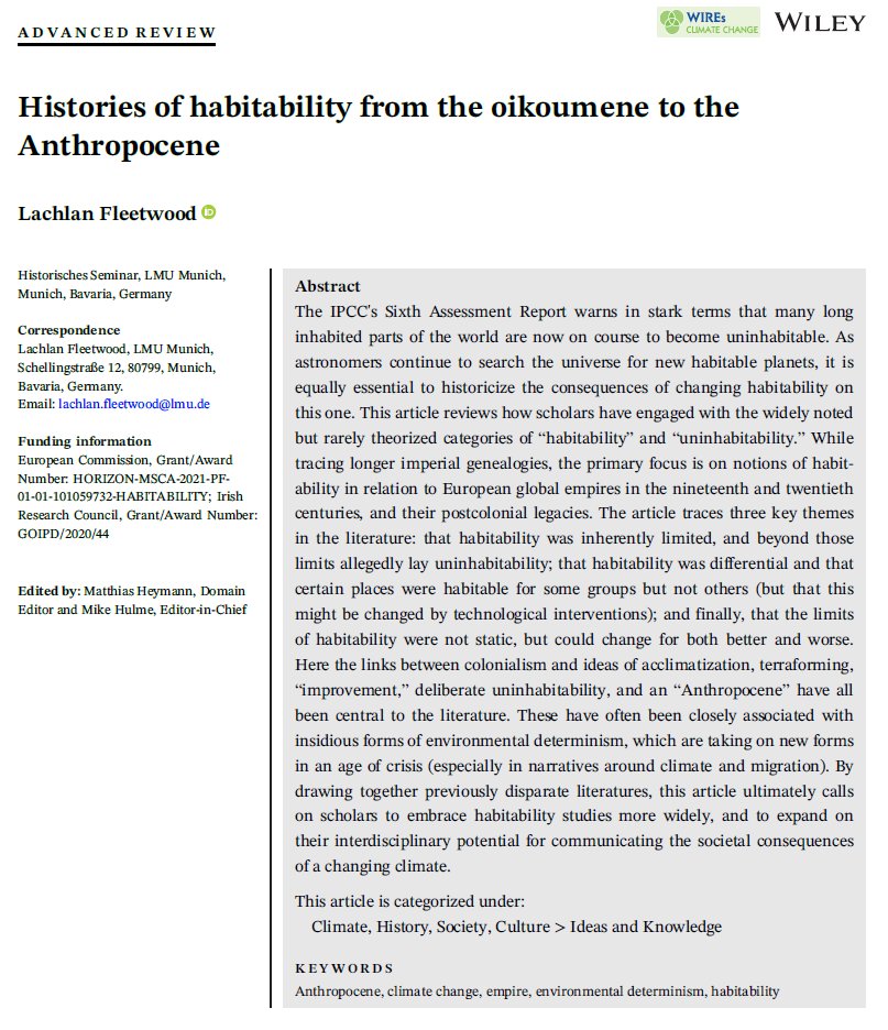 New article 'Histories of Habitability from the Oikoumene to the Anthropocene' now out in @WIREs_Reviews

Available open access here: doi.org/10.1002/wcc.840

With thanks to @MSCActions @LMU_Muenchen @global_discnct 

#habitability #envhist #envhums #histgeog