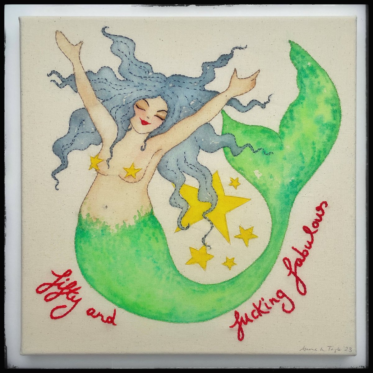 A commission I snuck in when avoiding hexagons. Has since been given to the birthday girl who apparently loves it. 
Not too big, not too small, just the right size, and not hexagonal. A really enjoyable job! 
#mermaid #fuckingfabulous