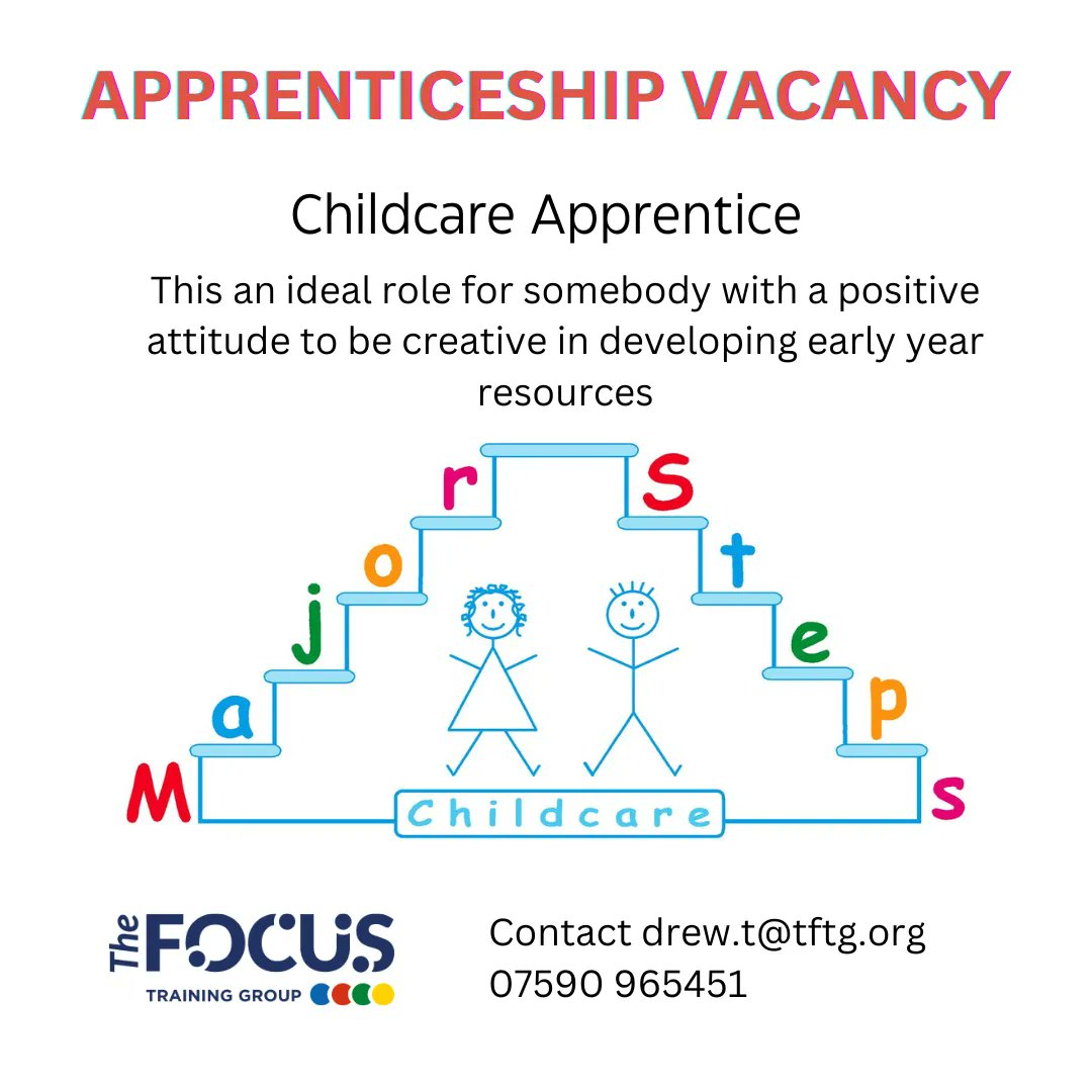 focustrainingsw's tweet photo. NEW APPRENTICESHIP OPPORTUNITY 😀
Major Steps Childcare in Cornwall are looking for a Childcare Apprentice
To apply https://t.co/5XG4DPYobB
Or contact drew.t@tftg.org 07590965451

#Childcare #ChildcareJobs #childcarelife #apprenticeships #apprenticeshipsuk https://t.co/fNgmrK6F4b