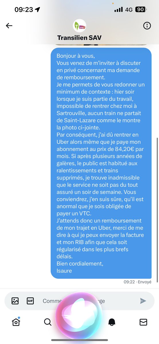 IsaureBoscus's tweet photo. @IDFmobilites @vpecresse, Après quelques échanges avec @TransilienSav, impossible d’obtenir le remboursement du Uber que j’ai du prendre mardi soir pour rentrer chez moi alors qu’aucun train ne quittait Saint Lazare. Aurais-je dû passer la nuit dans la salle des pas perdus ? https://t.co/I2XNM1xahK