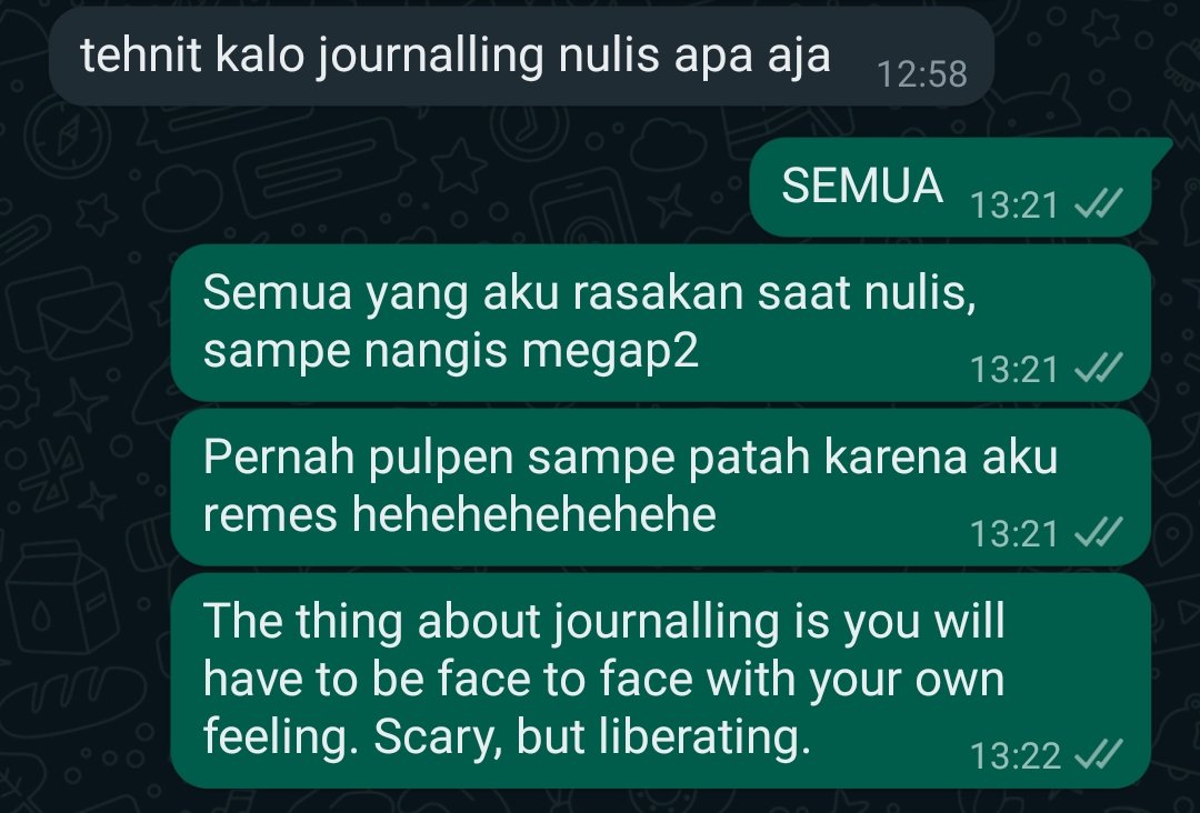 tehnit4's tweet photo. journaling is terrifying, exhausting, yet liberating. imagine being in denial all day but at the end of the day you still must face your own demon. 

do you feel better immediately after doing it? kadang. kadang gak. but at least you have some place you can pour your heart out. https://t.co/O5RYDBeaR4