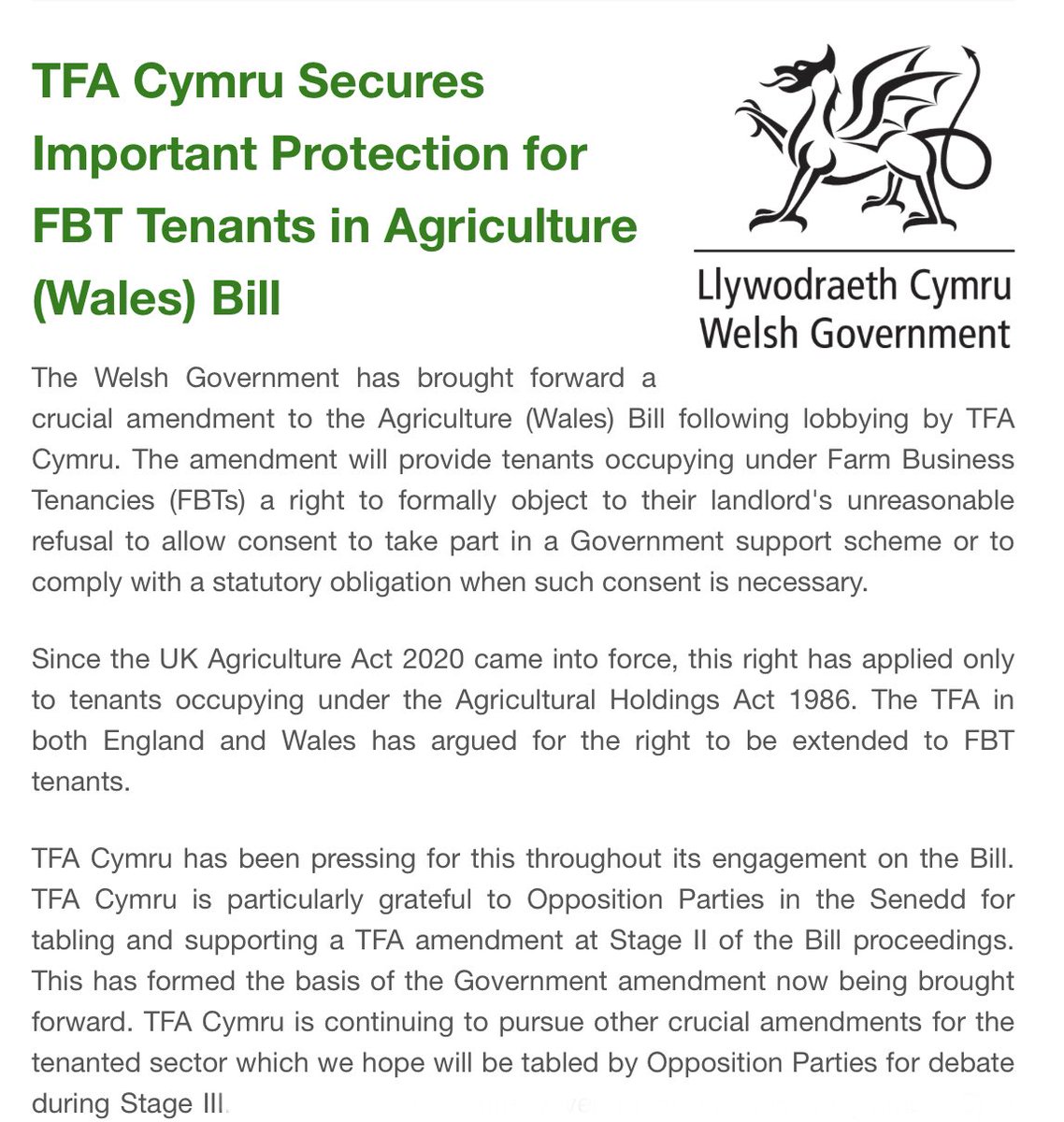 This represents a significant step forward in ensuring fair access for tenant farmers to new Welsh Government schemes to benefit the farmed environment. Further steps will be needed, including to ensure that scheme design itself is not a barrier to farm tenant participation.