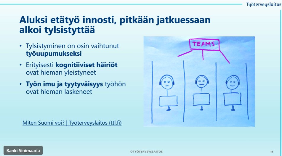 Ihmisten kohtaamisesta syntyvä ilo ja energia jää usein puuttumaan jatkuvassa "teamseilyssä", kertoo <a href="/SinimaariaRanki/">Sinimaaria Ranki</a> <a href="/tyoterveys/">Työterveyslaitos</a> Future is made Together -kiertueen julkistamistilaisuudessa <a href="/MaakunnatOppien/">Maakuntien liitot yhdessä oppien</a> . Tähän on tärkeää kiinnittää huomiota! #etätyö #työssajaksaminen