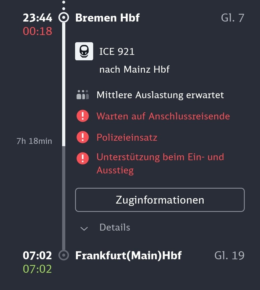 Kurz aufgewacht. Der ICE 921 (ICE 1) steht in Köln. Ein Fahrgast mit leichtem E-Rollstuhl muss umsteigen. Trotz Anmeldung kommt niemand.
Man spricht von einem Übermittlungsfehler. Es wird telefoniert.
Rollstuhlfahrer fragt nach, ob man ihn raustragt. Zugbegleiter lehnen ab, sagen