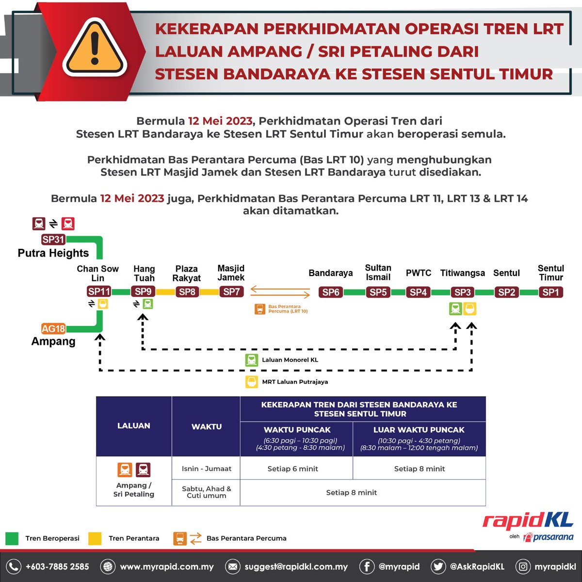 askrapidkl's tweet photo. Untuk makluman anda semua, bermula 12 Mei 2023, tren akan beroperasi semula dari LRT Sentul Timur - LRT Bandaraya sahaja.

Masih tiada tren beroperasi untuk LRT Bandaraya - LRT Masjid Jamek, namun begitu, Bas Perantara Percuma LRT 10 disediakan untuk laluan tersebut. https://t.co/MXd1IyBYuM
