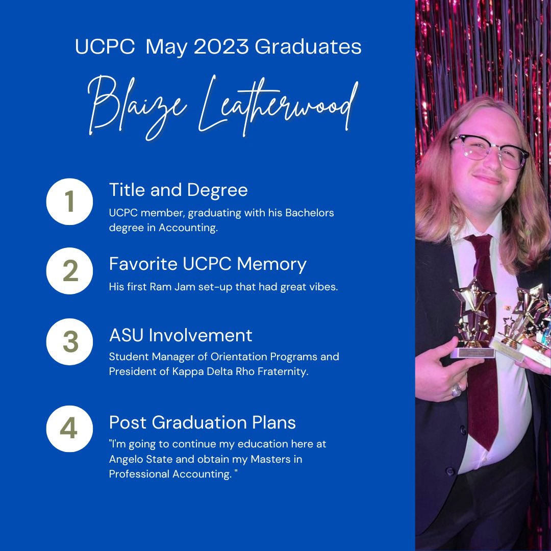 Before they walk the stage, we want to celebrate our May graduates and all their successes while they’ve been at ASU and with UCPC! First up of our members, we have <a href="/blaizeleath/">Blaize</a>! 

We wish them nothing but the best in their future endeavors! #angelograd  🥳🐏💙