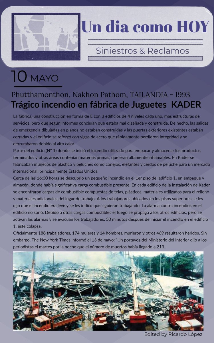 Un día como HOY en la historia de siniestros #10Mayo
#seguros #siniestros #perdidas #propiedad #accidentes #historia #investigacion  #incendio  #industrias #inspeccionderiesgo #ajustedeperdidas #poliza #todoriesgoindustrial #interrupciondeoperaciones  #rc