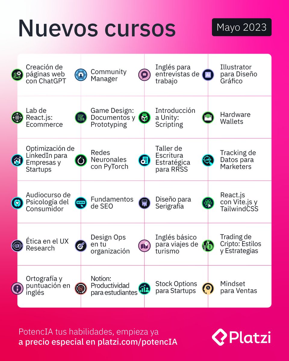 🔥 ¡Potencia tus habilidades con los NUEVOS CURSOS que llegan a tu suscripción! 

Si no tienes un plan, aprovecha el PRECIO ESPECIAL de esta semana y accede a todos estos cursos, 1500 más, actividades y eventos como #PlatziConf.

TODO sin pagar más: platzi.com/potencia/?utm_…