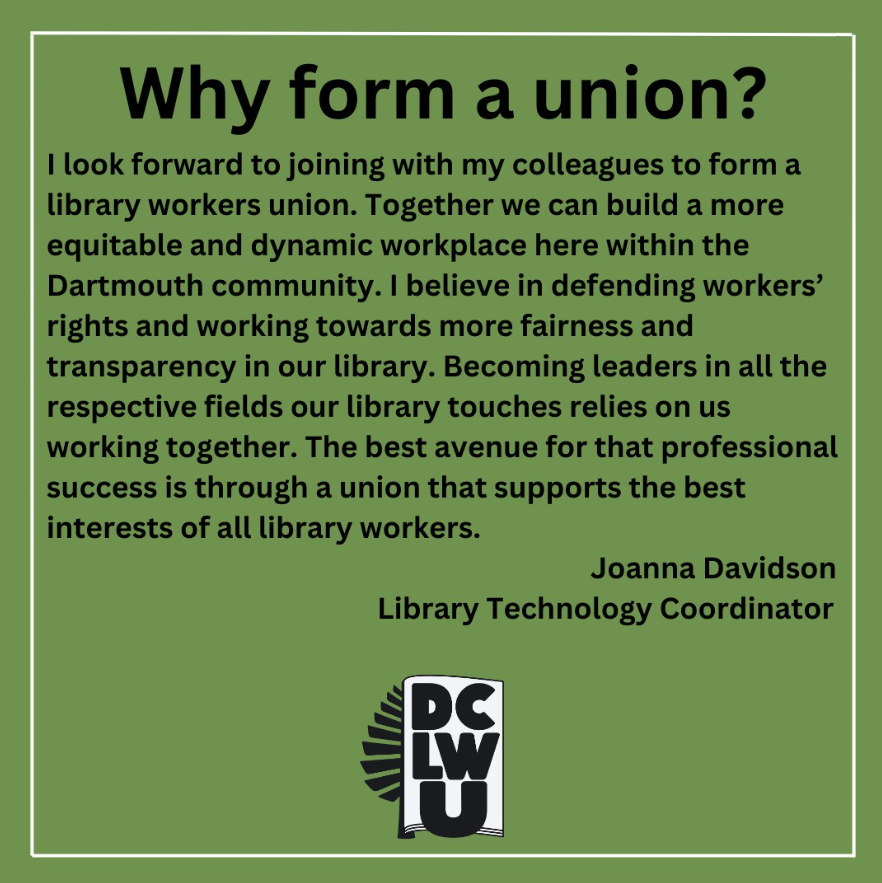 .@JoDaCodes is our number one resource for chargers, dongles, and infinite patience when setting up a hybrid meeting. She was kind enough to share why she supports a union. All of the talented staff at the Library work hard to serve our community!