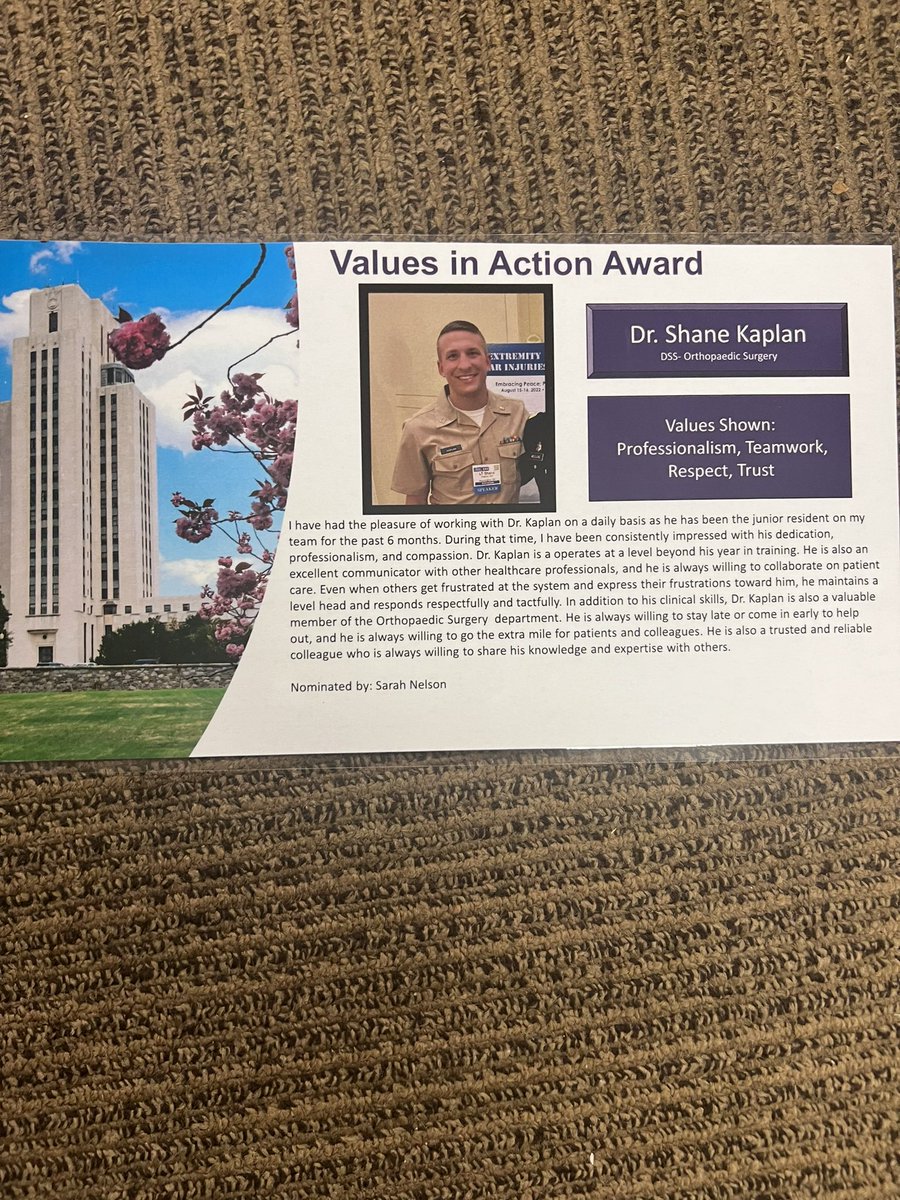 Congrats to Shane Kaplan PGY2 on being recognized for his Values in Action today at Walter Reed. Shane was selected for this award based on demonstration of his professionalism, teamwork, respect, and trust. We are so lucky to have him on our team!