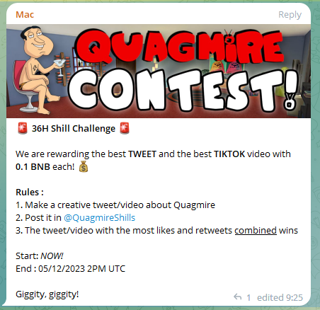 QuagmireBSC's tweet photo. We are having a contest currently, come and join the contest!

Telegram: https://t.co/CQCt3sjTSj

#BSCGEMS #Binancesmartchain #pancakeswap #GIGGITY #QUAGMIRE #moonshot #memetoken #1000x    

GIGGITY GIGGITY GIGGITY https://t.co/EYQIdzXafl