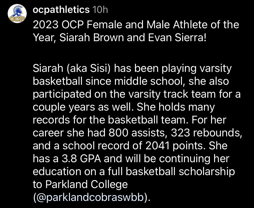 Honored to have been named <a href="/OCPAthletics/">OCP Athletics</a> Female Athlete of the Year! Great end to my senior year! <a href="/_TPatttt/">Ty Patterson</a>