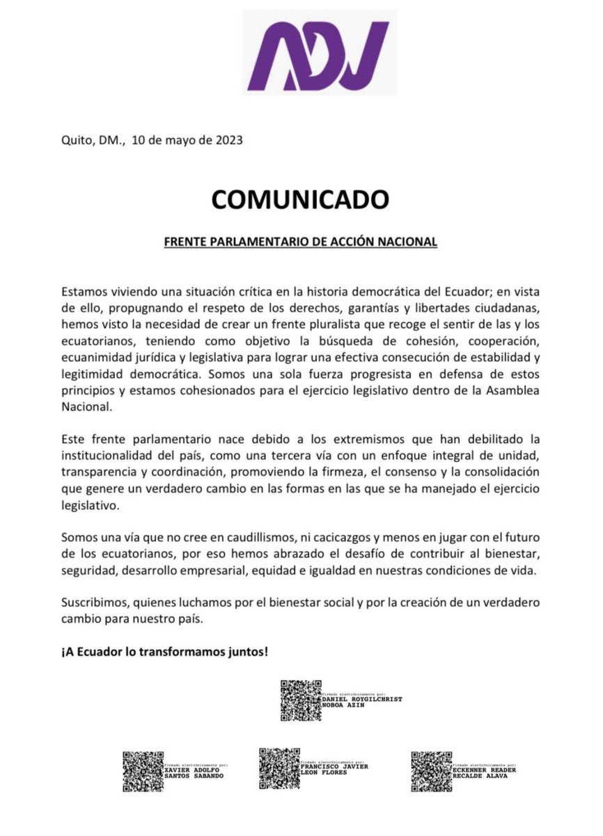 DanielNoboaOk's tweet photo. El Frente Parlamentario de Acción Nacional recoge el sentir de las y los ecuatorianos. 

Somos una vía en crecimiento que no cree en caudillismos y menos en jugar con el futuro de los ecuatorianos 💪🏼 https://t.co/l2VrucCa2T