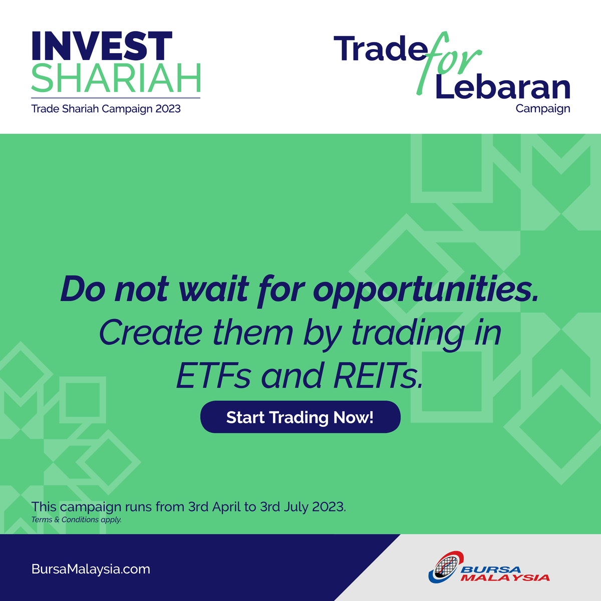 BursaMalaysia's tweet photo. ETFs and REITs can help diversify your portfolio and achieve financial freedom. Start trading today and take control of your financial future.
#TradeforLebaranCampaign #InvestShariah #iETF #iREIT https://t.co/iXyZbac9N8
