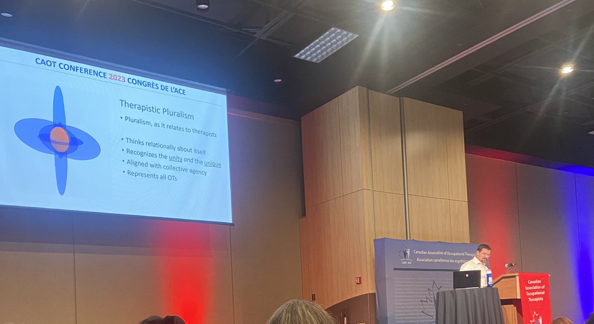 #CAOT2023 opening keynote by <a href="/CAOT_ACE/">CAOT_ACE</a> President Phillip Wendt on Therapistic Pluralism- we may all work in different areas of practice but we are aligned by our collective shared values &amp; purpose. We are interdependent &amp; this is a STRENGTH🎉