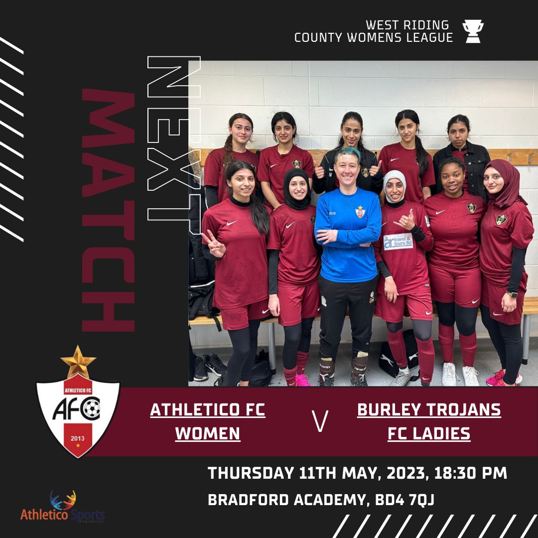 Athletico FC Women vs Burley Trojans FC Ladies  ⚽️👊

🗓 Thursday, May 11th 🕑 18:30 pm 📍 Bradford Academy Main Grass

Be there to support your favorite team! 🔥 #WomensFootball #AthleticoFCWomen #BradfordAcademy #FootballMatch #InstaSports