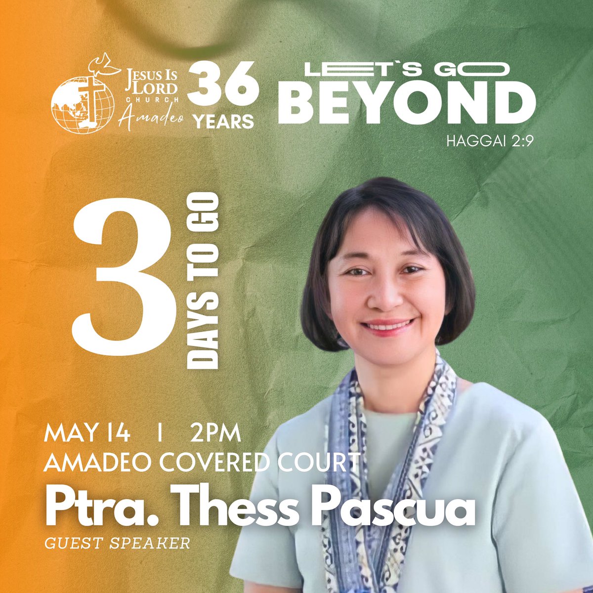 jil_amadeo's tweet photo. We are delighted to introduce our guest speaker, Ptra. Thess Pascua! Don't forget to prepare your Bible, notebook, pens, and especially your hearts as we hear His words. ✨
 
See you on May 14, 2023, at 2:00 p.m. at Amadeo Municipal Covered Court.

#JILAmadeo36
#LetsGoBeyond https://t.co/MXL1plArJr
