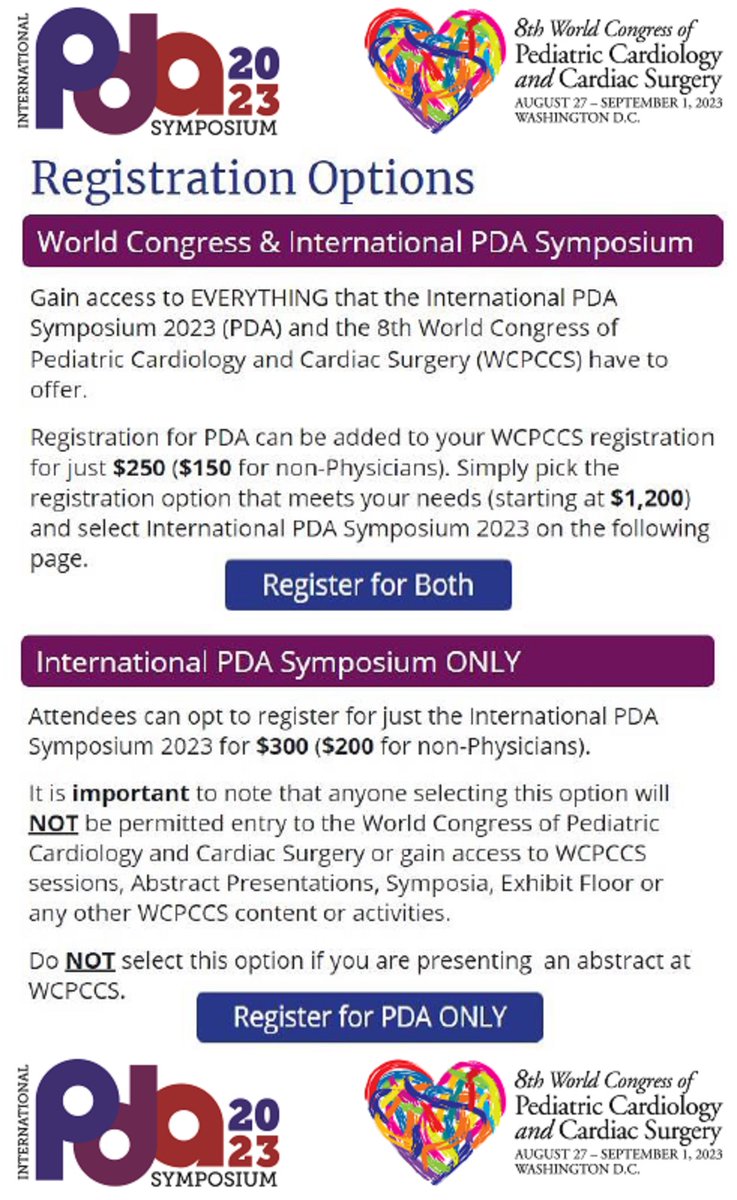 PDA Symposium (@pdasym) on Twitter photo 🔥PDASym is in conjunction w/ 8th World Congress!
✅2 registration options
2⃣BOTH #PDASym & <a href="/8thWCPCCS2023/">WCPCCS2023</a>
Attend PDASym Aug 26-27 & World Congress
Network with 4500 attendees
1⃣PDASym ONLY
Great option if time limited
👇Register
wcpccs2023.org
#neotwitter <a href="/NeoToday/">Neonatology Today</a> 🔥PDASym is in conjunction w/ 8th World Congress!
✅2 registration options
2⃣BOTH #PDASym & <a href="/8thWCPCCS2023/">WCPCCS2023</a>
Attend PDASym Aug 26-27 & World Congress
Network with 4500 attendees
1⃣PDASym ONLY
Great option if time limited
👇Register
wcpccs2023.org
#neotwitter <a href="/NeoToday/">Neonatology Today</a>