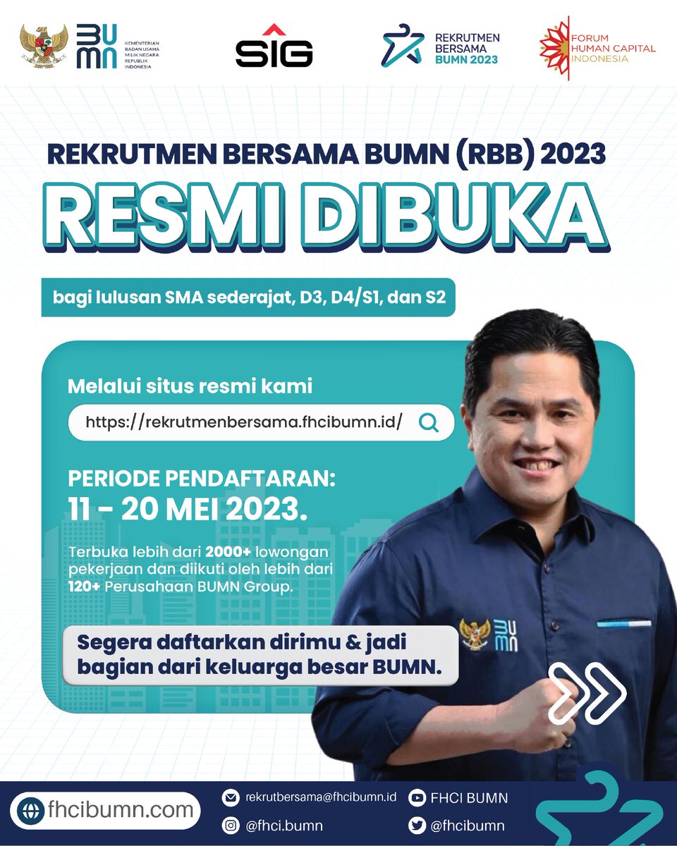 SIGofficial_'s tweet photo. Halo #SahabatSIG dan para pejuang #RekrutmenBersamaBUMN !

✨PENDAFTARAN REKRUTMEN BERSAMA BUMN 2023 TELAH RESMI DIBUKA ✨

Tersedia 2000+ lowongan pekerjaan dan diikuti oleh 120+ Perusahaan BUMN Group untuk jenjang SMA/Sederajat, D3, S1/D4, dan S2. https://t.co/3QSLq7eCBb