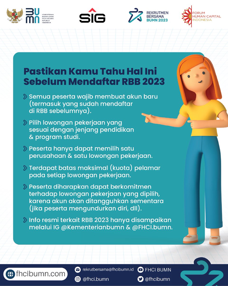SIGofficial_'s tweet photo. Halo #SahabatSIG dan para pejuang #RekrutmenBersamaBUMN !

✨PENDAFTARAN REKRUTMEN BERSAMA BUMN 2023 TELAH RESMI DIBUKA ✨

Tersedia 2000+ lowongan pekerjaan dan diikuti oleh 120+ Perusahaan BUMN Group untuk jenjang SMA/Sederajat, D3, S1/D4, dan S2. https://t.co/3QSLq7eCBb