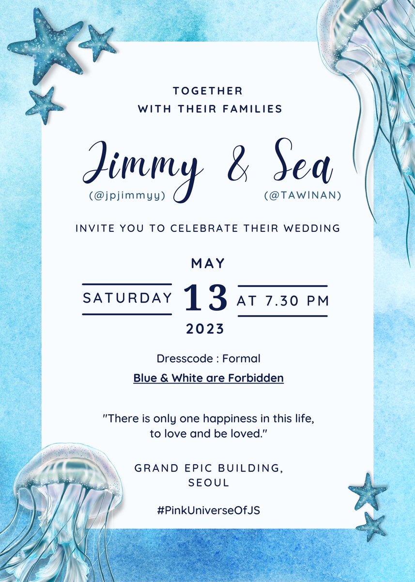 MOMENTDEPIC's tweet photo. ⠀
⠀
𝐖𝐄𝐃𝐃𝐈𝐍𝐆 𝐈𝐍𝐕𝐈𝐓𝐀𝐓𝐈𝐎𝐍
⸻
𝑱𝒊𝒎𝒎𝒚 &amp; 𝑺𝒆𝒂
invites you to celebrate their
happiest day on:

May, 13th 2023 | 7.30 PM
Grand Epic Building
Seoul, South Korea
with formal attire
#PinkUniverseOfJS
⠀
⠀ https://t.co/FK97IXrISM