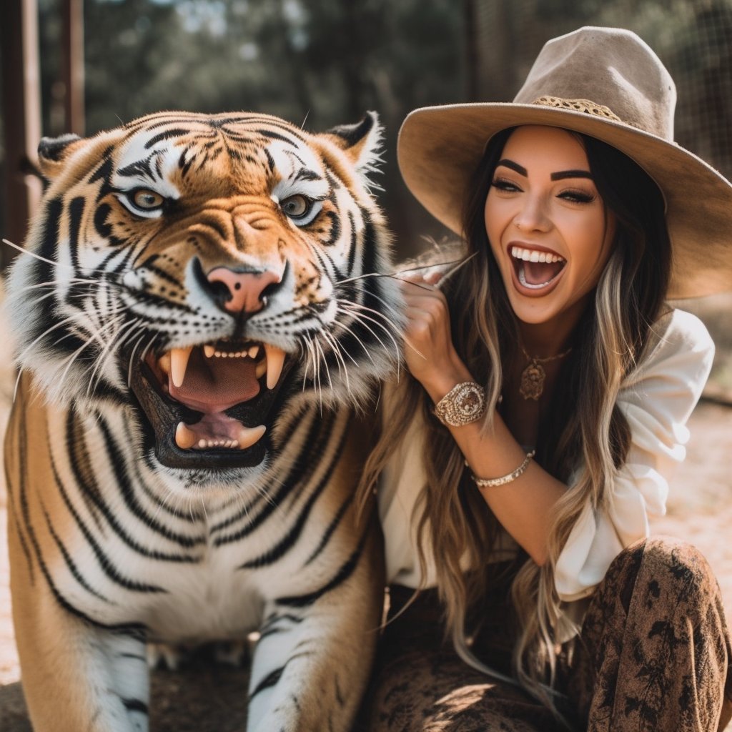 GenerativeBoops's tweet image. Influencers posing with vicious animals. #midjourney51 #midjourney #AIArtCommunity #AIArt #AIArtwork