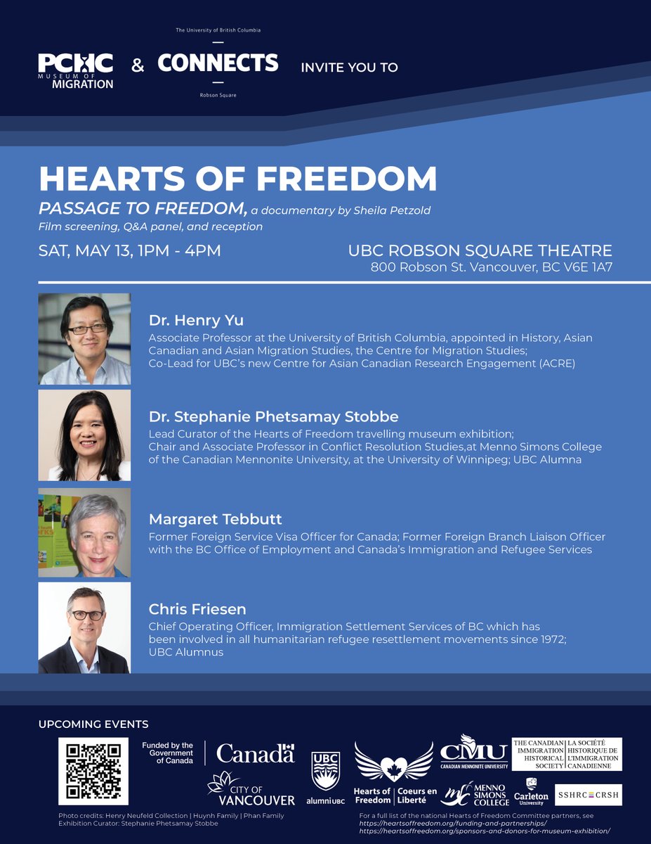 PchcMoM's tweet photo. Join us for a free screening of 'Passage of Freedom', followed by a discussion panel featuring Dr. Henry Yu, Dr. Stephanie Phetsamay Stobbe, Margaret Tebbutt &amp; Chris Friesen.

📍UBC Robson Square, May 13 at 1 PM
RSVP: https://t.co/SR4fs9VYMG

#HeartsofFreedom https://t.co/9mKbS5HPhZ