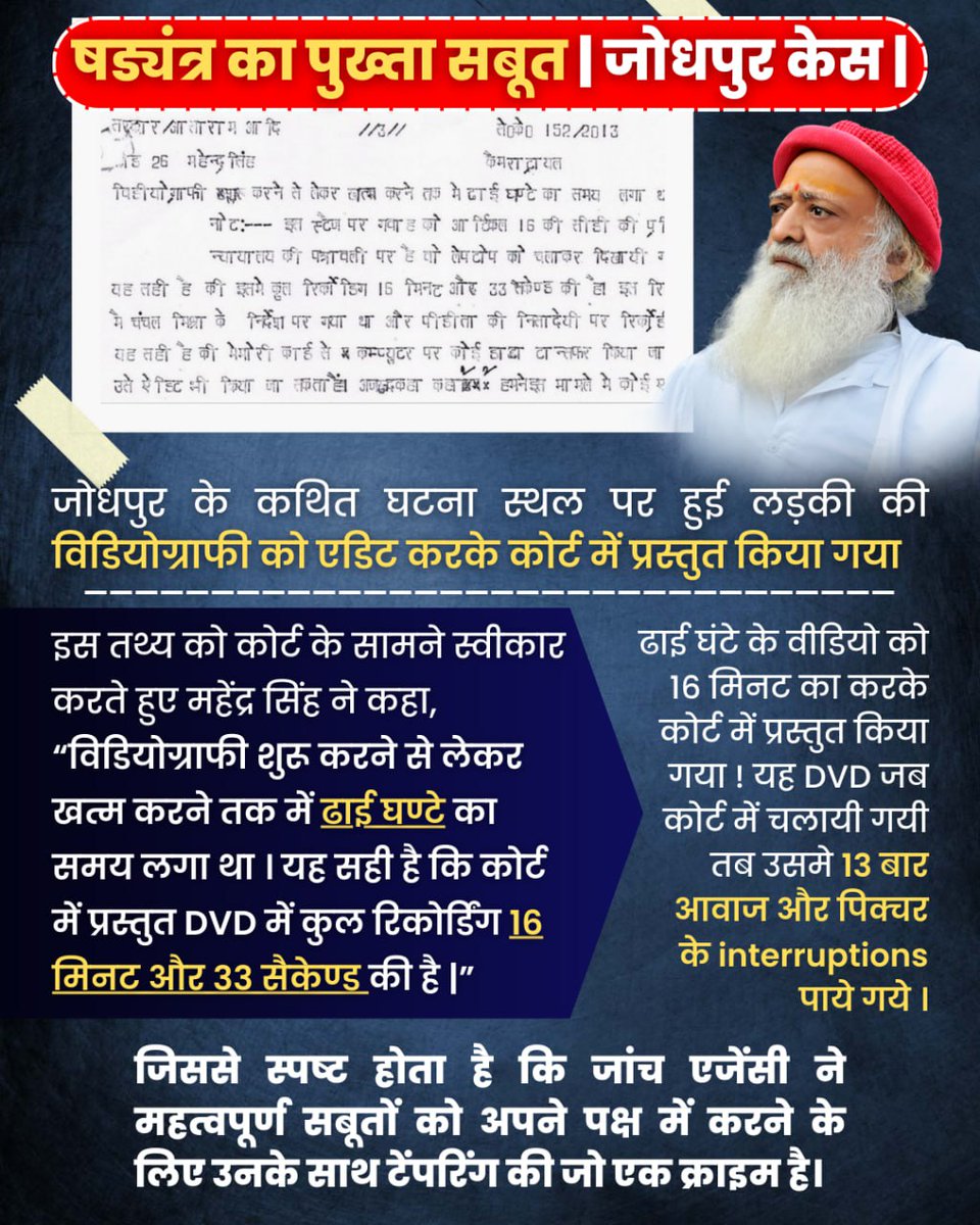 PrathmeshSindam's tweet photo. @JantaKeeAwaaz #SabGolMaalHai👇👇
FIR के दौरान की गई  Recording Not Found, यह दिखाता है कि बापूजी के ख़िलाफ़ षड्यंत्र हुआ है। Shocking Yet True 
एक वयोवृद्ध निर्दोष संत के लिए इस देश में न्याय का इंतजार कितना लंबा हो गया है।ऐसा एक भी सबूत नहीं है जो Sant Shri Asharamji Bapu को दोषी साबित करे। https://t.co/ggPH0Zn8wy