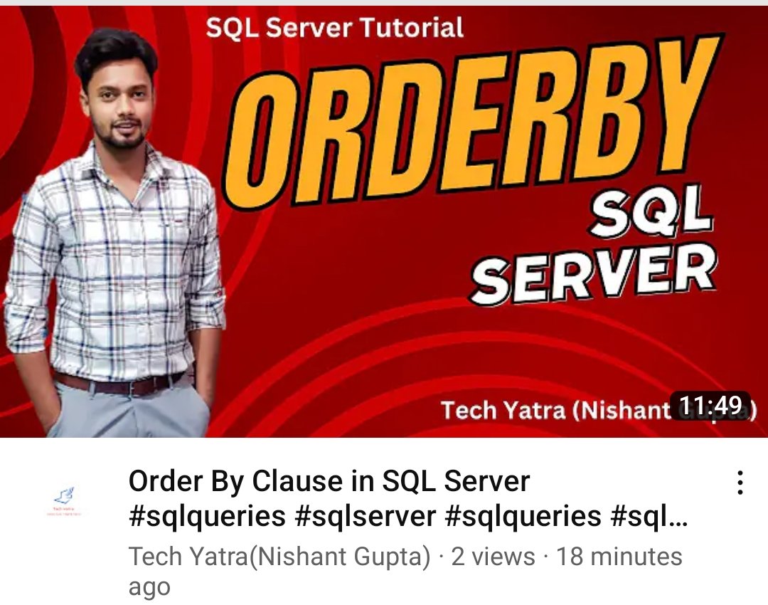 nishantmzn1996's tweet image. SQL Server Tutorial
New Video Uploaded
Order By, Offset, Fetch in SQL Server
Like Share and Subscribe
youtu.be/gU7FJ36KoOA
#sql #sqlday #sqlfamily #sqlserver #sqlqueries #sorting #orderby #database #csharp #Dotnet #programming #programminghelp #coding #codinglife