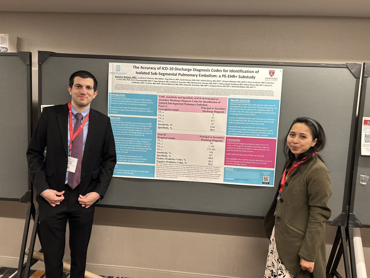 AntoineBejjani_'s tweet photo. Delighted to present our work at the #AHA vascular discovery! We evaluated the accuracy of #ICD-10 discharge diagnosis codes to identify isolated sub-segmental #PE. Low sensitivity and PPV. Codes are poor & of little use clinically and for research (not validated)!
@CandrikaDini https://t.co/e97swj17pe