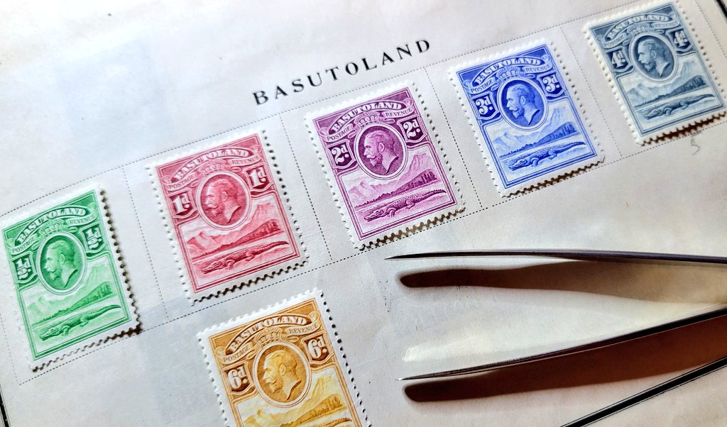 This beautiful set of mint stamps from 1933 features George V and a crocodile (likely the Nile Croc). This stamp would be reproduced in 1938 featuring George VI.

#stamps #philatelist #philately #basutoland #SouthAfrica #Lesotho