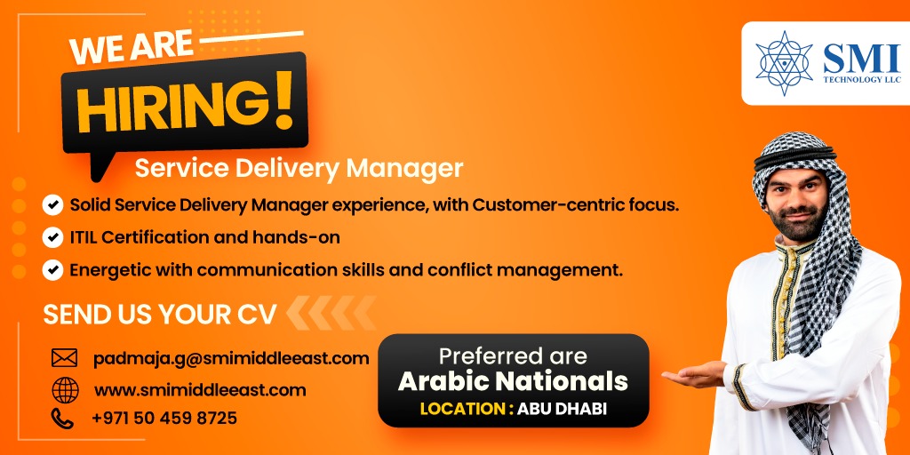 #SMI looking for Service Delivery Manager for Abu Dhabi Location | Arabic Nationality Preferred

Reach out to us at recruit@smimiddleeast.com

#servicedeliverymanager #servicedeliveryjobs #ITILcertification
#abudhabijobs #uaejobseekers #uaecareers #uaerecruitment #uaecareers