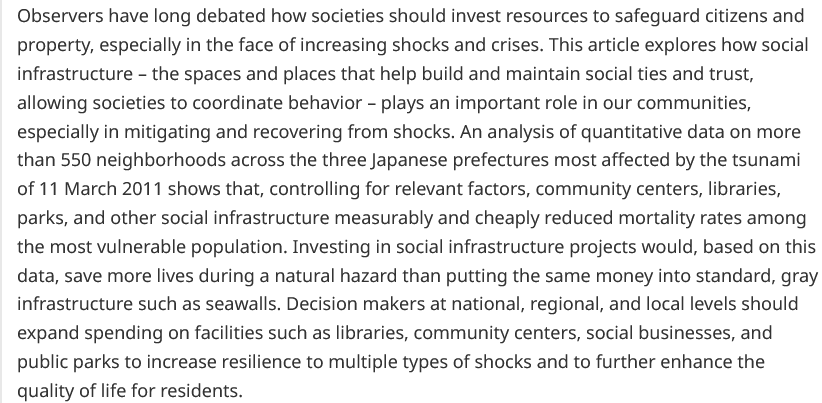 DanielPAldrich's tweet photo. My new #article from @JJPS_Eds: How social infrastructure saves lives: a quantitative analysis of Japan's 3/11 disasters
TL;DR: Investing in social infrastructure would save more lives than putting the same money into standard, gray infrastructure
https://t.co/lAJdt7LGyT https://t.co/HrKLaYFeGj