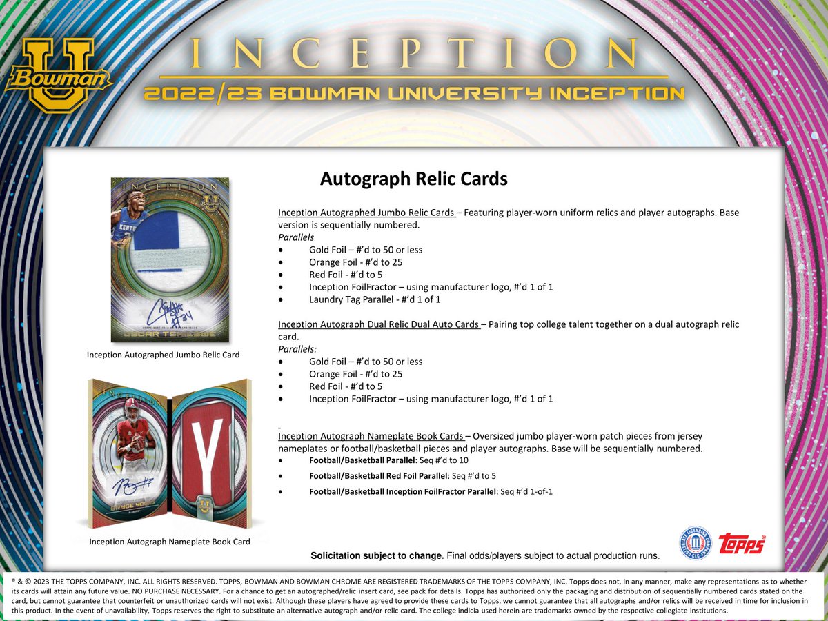 MintHeadquarter's tweet photo. 2023年6月以降発売予定
▼2022-23 TOPPS BOWMAN UNIVERSITY INCEPTION HOBBY
【製品情報】 | Trading Card Journal https://t.co/vP0B8v1CsC 

#TOPPS 社人気ブランドの「#INCEPTION」から大学マルチ #スポーツカード セットが新登場！#ToppsBowman #BowmanUniversity #トレカ https://t.co/ZGPb7UKkMH