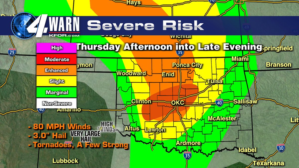 MikeMorganKFOR's tweet photo. 10:30PM Wednesday look at Thursday's Severe Storm Risk. I have intentionally put a focus in the darkest shade of ORANGE. Local tornado outbreak is possible folks. Stay weather aware. OKC 6PM to 9PM. Mike #okwx #wxtwitter 5.10.23 https://t.co/uYZkTaSZSu