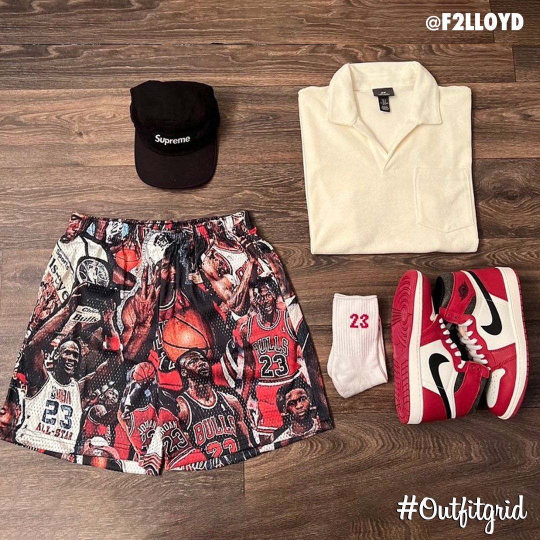 Today's top #outfitgrid is by @f2lloyd.
▫️ #Supreme #Cap
▫️ #GalleryThreads #Shorts
▫️ #HM #Shirt
▫️ #JordanI #LostAndForund
▫️ #Nike #Socks