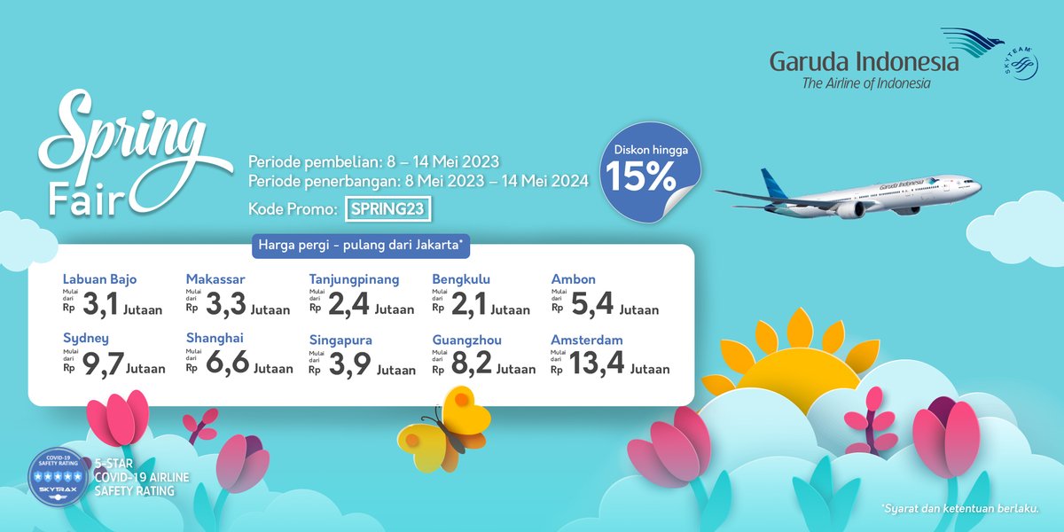 IndonesiaGaruda's tweet image. Segera dapatkan diskon hingga 15% untuk rute Domestik dan internasional di Spring Fair!

Pembelian hingga 14 Mei 2023 🗓️
Penerbangan hingga 14 Mei 2024 ✈️

Informasi Selengkapnya : garuda-indonesia.com/id/id/special-…

#GarudaIndonesia
#BecauseYouMatter
#SpringFair
