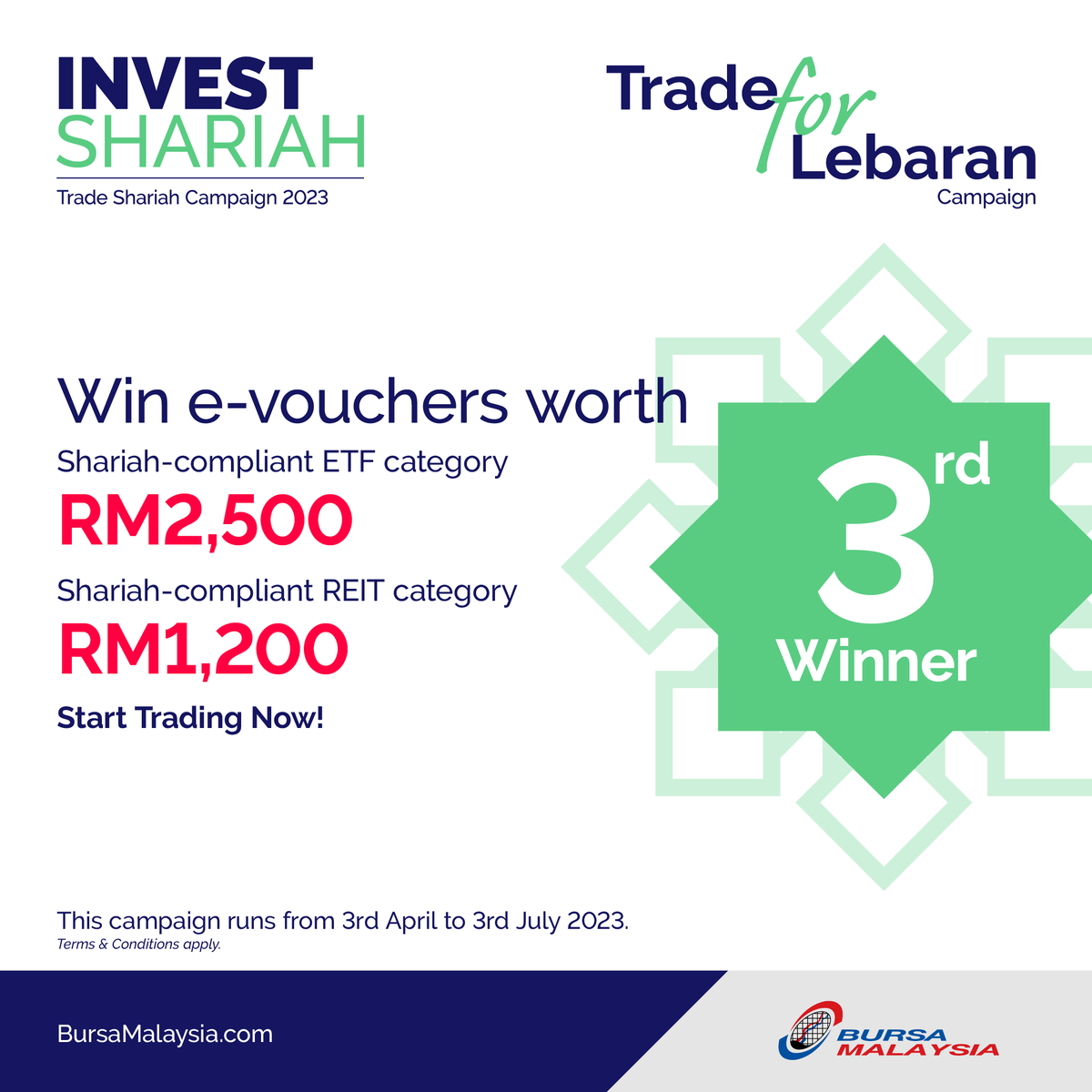 BursaMalaysia's tweet photo. Get ready for some major excitement as we are revealing the prizes for 3rd winners 🎉 These could be yours, so keep on trading until the end of the campaign!
#TradeforLebaranCampaign #InvestShariah #iETF #iREIT https://t.co/uSOxlY8hiA