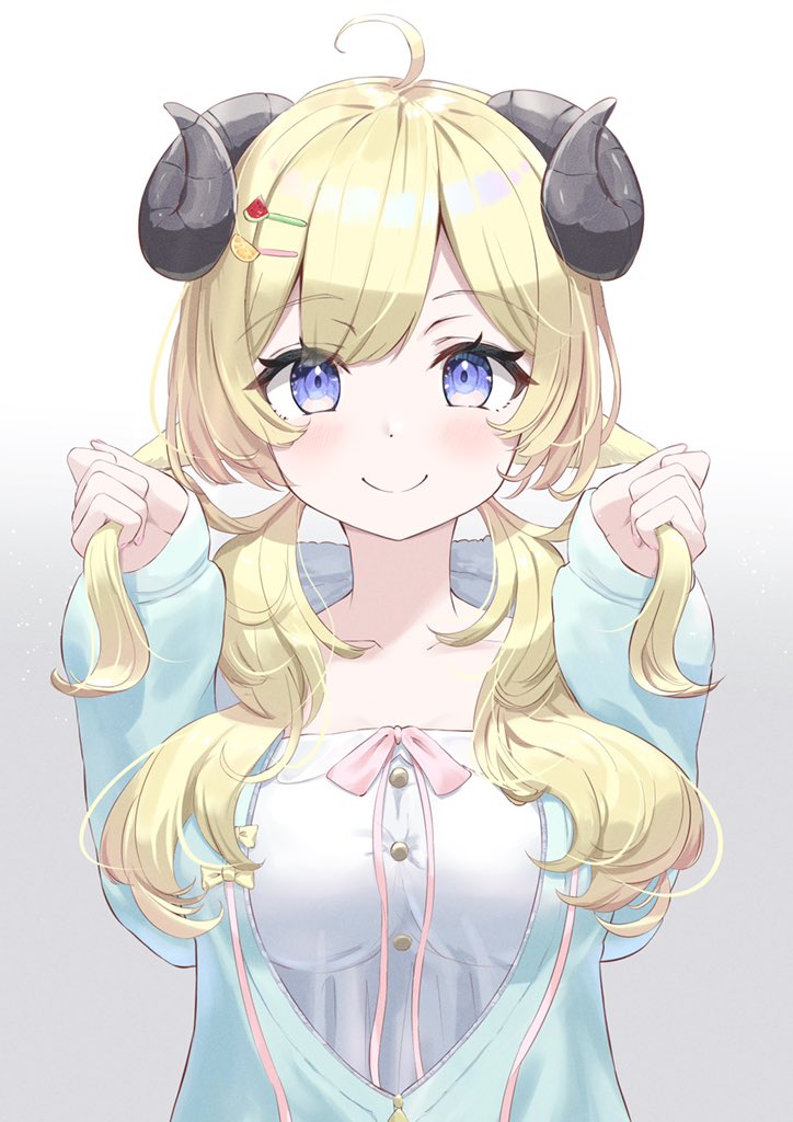 tsunomaki watame 1girl solo sheep horns blonde hair horns sheep girl smile  illustration images