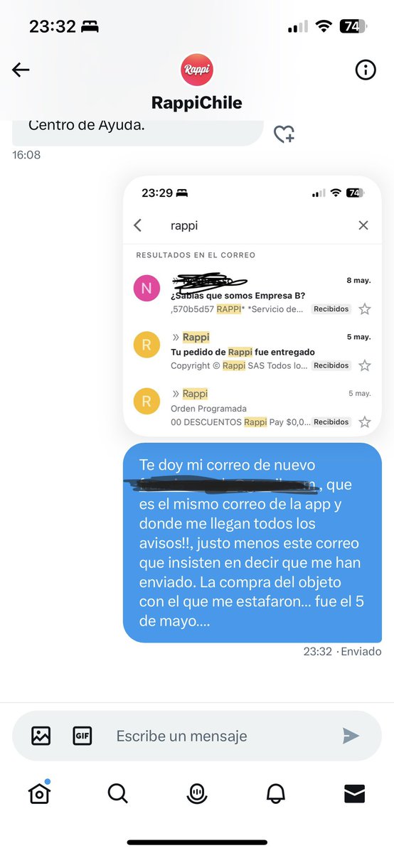 fran_sola's tweet photo. @RappiChile Dejen d evitar solucionar mi problema… en vez d devolverme mis 17mil hacen todo este lío sn sentido, dejen d mandarme msjs x interno, pidiendo disculpas y diciendo q me mandaron 1 correo cuando no es cierto y dejen d hacerme perder mi tiempo. 😡 https://t.co/rWP0R07lkg