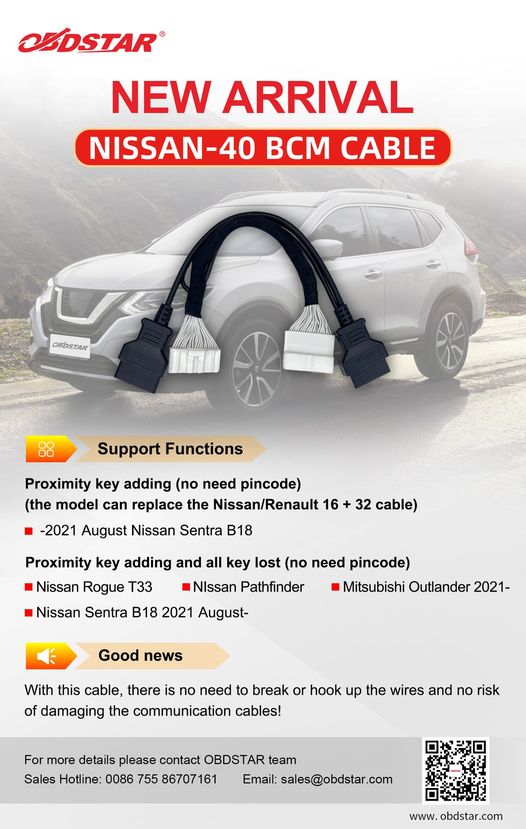 #OBDSTAR Nissan-40 BCM Cable 🆕🆕
🛒🛒: bit.ly/3VR1Ncn
1️⃣ Add Key (No PIN Code)
Nissan Sentra
2️⃣ Add Key / All Key Lost
Nissan Rogue T33
Nissan Pathfinder
Mitsubishi Outlander 2021
#nissanbcm #AddKey #allkeylost #keyprogramming #pincode #MitsubishiOutlander